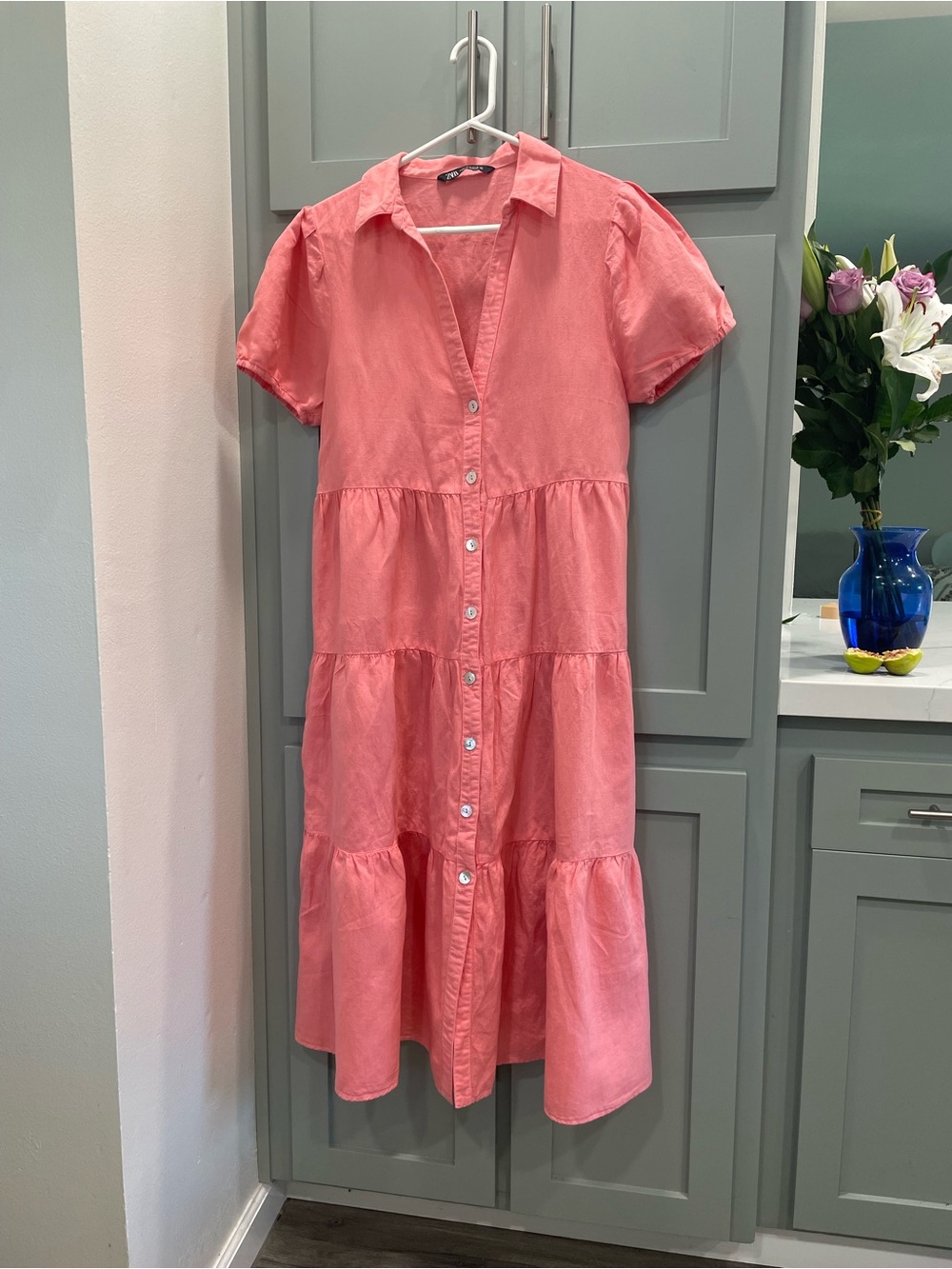 Zara linen Coral Pink Button-Front Tiered Maxi Dress